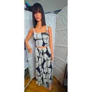 Black White Smocked Two Piece Set Crop Top & Skirt Chic Resort Beach Cover Up